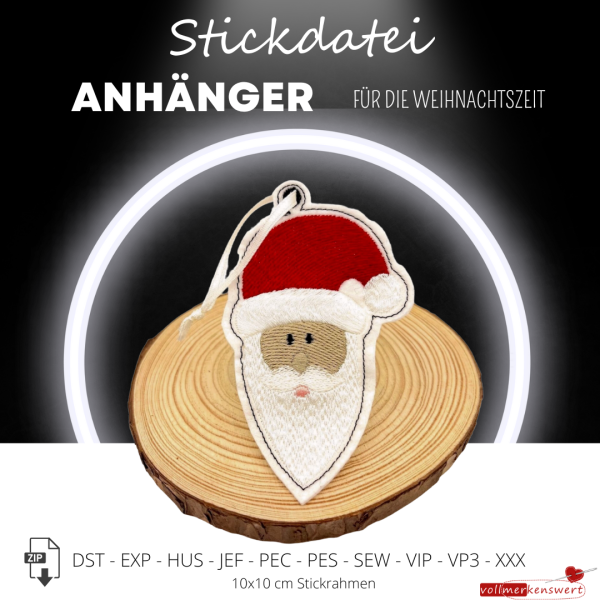 ITH Stickdatei Anhänger Nikolaus / Weihnachtsmann für 10x10cm Stickrahmen